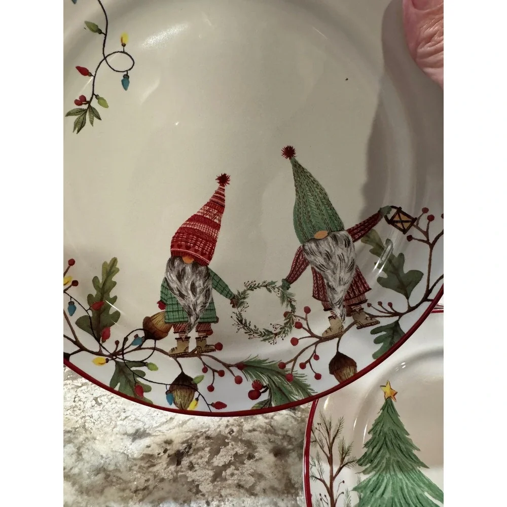 Pottery Barn Forest Gnome Salad Plates Set of 4 Christmas Holiday Stoneware 9in